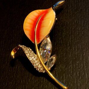 Orange Enamel Gold Tone Rhinestone Leaf Brooch